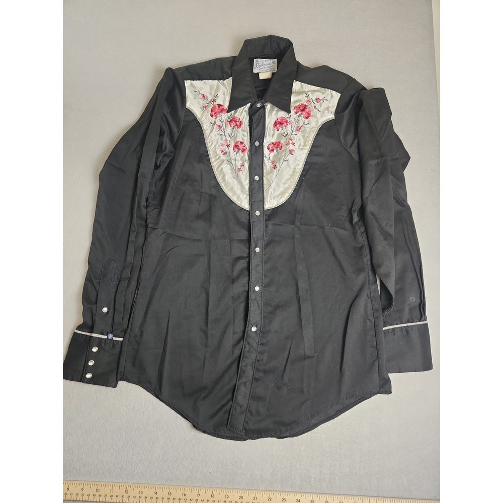 Vntg ROCKMOUNT Ranch Wear Black Western Shirt Pink Flowers Pearl Snap 15 1/2-35